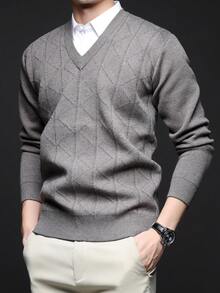 男士厚款V领提花毛衣，休闲商务通勤长袖套头衫，适合分层穿着或外套，秋冬 - 淺灰色 - 查看 2