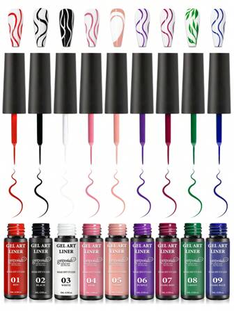 9pcs 3D Effect Gel Nail Polish Liner Pens, Fine Brush For DIY Nail Salon Design At Home, Great Gift For Girls