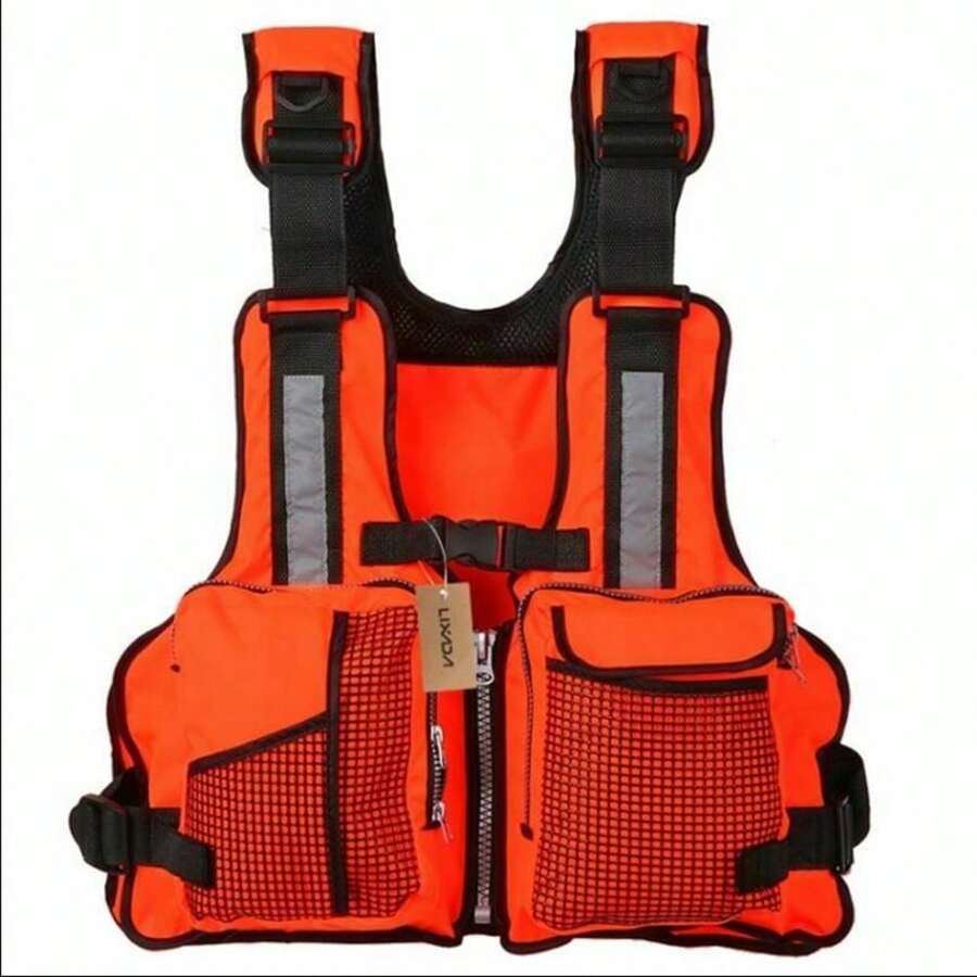 Adult Adjustable Life Jacket, Vest, Multi-Pocket Buoyancy, Reflective Surfing Design, Life Vest, Tank Jacket - Orange - View 1