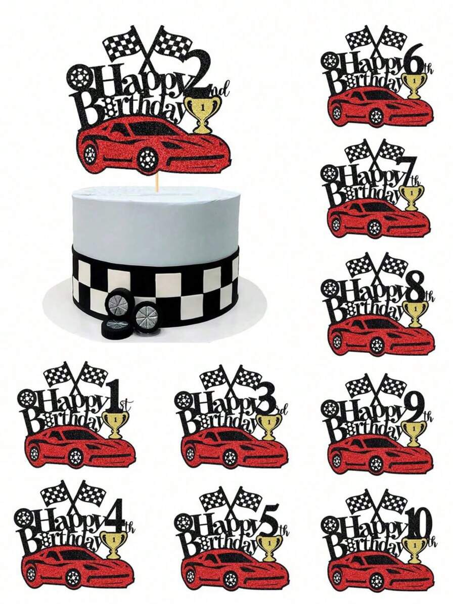 1 Buah Hiasan Kue Ulang Tahun Mobil Balap, Bendera Berkilau, Piala Balap, Tusuk Kue Mobil Balap untuk Tema Balapan Pesta Ulang Tahun ke-1-10 - MultiWarna - View 1