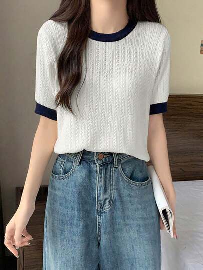 撞色圆领宽松休闲短袖女式针织上衣（夏季款）