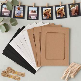 10pcs Kraft Paper Photo Frames, Cardboard Photo Frames With Clips And Ropes, DIY Photo Wall Display For Home, Office, Birthday, Holiday Decoration