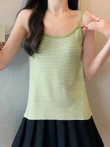 女式撞色条纹无袖休闲针织背心，春夏季 - 綠色 - 查看 6