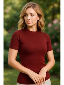 Women's Short Sleeve Blouse | Basic Elastane | Round Neck Blouse | Women's Ribbed Knit Short Sleeve Basic Turtleneck Various Colors | Women's Basic Knit Blouse Turtleneck Short Sleeve Casual Look | Women's Fitted Ribbed Knit Short Sleeve Crew Neck Comfortable | Women's Short Sleeve Basic Knit Blouse Elegant Various Colors | Women's Basic Knit Blouse Short Sleeve Turtleneck Versatile For Everyday - 紅木色 - 查看 3