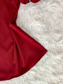 SHORT SLEEVE PUFFED DRESS TOP WITH RUFFLE AND BOW, WOMEN'S FASHION - Burgundy - View 3