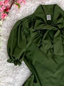 SHORT SLEEVE PUFFED DRESS TOP WITH RUFFLE AND BOW, WOMEN'S FASHION - Army Green - View 3