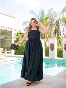 Vestido plus size Iris longo de alça  Simples    elegante  Casual    Tecido    Bainha com babado    Casamento  Noite  Festa de aniversário  Namorando    verão - Preto - Visão 2