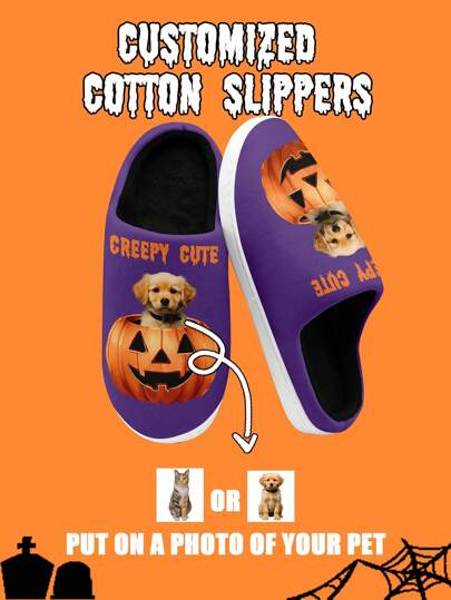 Halloween Women's Custom Photo Home Slippers. Personalized Pumpkin Indoor Slippers. Cozy Warm Plush Shoes For Home Use, Funny Halloween Gift For Mom/Dad/Her/Him/Girlfriend/Boyfriend/Wife/Husband/Friend, Unique Halloween Decor Footwear