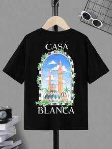 復古藝術夏季秋季兒童短袖上衣 T 卹 拱門建築手繪圖案 白色棉質 T 卹 - 黑色 - 查看 3