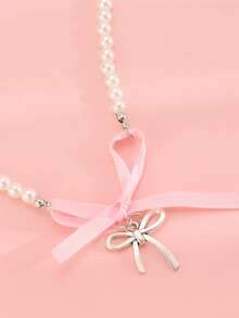 1件法式粉色心形蝴蝶结珍珠项链，独特设计，甜美纯洁的颈链 - 銀色 - 查看 5