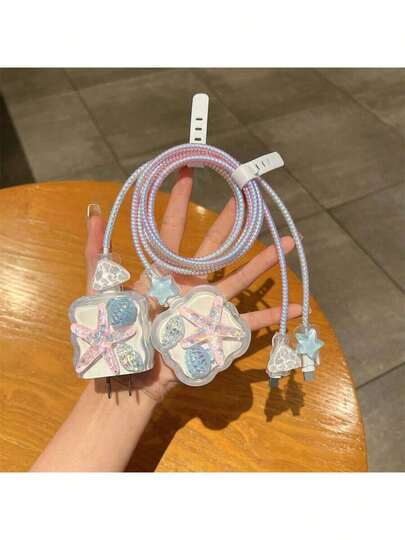 5pcs/Set[Suitable For UK 20W]Charging Head Protector, Data Cable Anti- Cord, Compatible With Iphone13/14/15/16 ProMax/Plus, Ocean Series Starfish Blue Shell 20W US Version Charger Protector Charger Case Phone Accessories