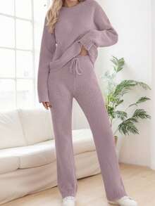 tooluck Women's Casual Pajama Set Fuzzy Fleece Knitted Long Sleeve Pj Loungewear Dusty Purple - 淺灰紫 - 查看 5