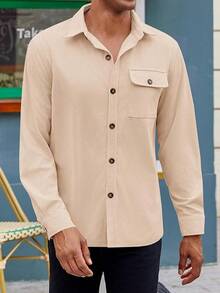 Mens Corduroy Button Down Jacket Casual Long Sleeve Shirts Ribbed Lightweight Shacket Jacket With Flap Pockethalloween - Khaki - View 6