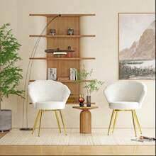 Ensemble de 1 fauteuil en velours coque en velours doux en velours avec pieds en métal doré pour salon, chambre, coiffeuse - Blanc - Voir 3