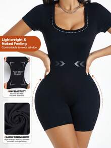 Mono con escote cuadrado y mangas cortas para mujer - Negro - Ver 3