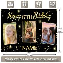 1pc Customizable Photo, Name, Year Black & Gold Glitter Happy Birthday Backdrop Banner, Personalized Gold Glitter Birthday Party Name Decor, Suitable For Cake Table Background, Photography Vinyl Banner ,Travel Organizer - Black Gold - View 6