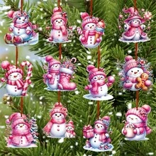 12/24 PIEZAS Decoraciones navideñas de muñeco de nieve rosa - Etiquetas decorativas para árbol de Navidad de papel, regalos para fiestas navideñas, con cintas, sin electricidad y sin plumas
