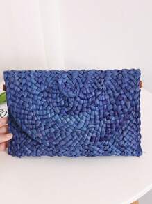 1个草编手拿包，女士夏季沙滩草编化妆包，翻盖信封手拿包，手工编织包，零钱包，女士钱包，手拿包，玉米皮包