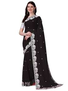 Women's Georgette Embroidery Border Work Designer Saree With Blouse Piece(Black) - Black - View 2