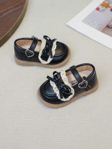 1 Pair Black Bow Cute Fashionable Pearl Design Soft Bottom Non-Slip Flat Infant Toddler Shoes, Suitable For Spring, Summer, Autumn, Winter (Size 16-20, Recommend Ordering One Size Down)