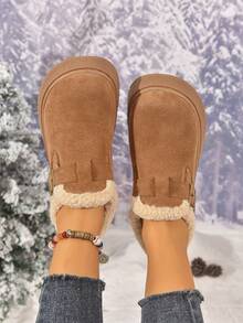 Botas de neve marrons para uso externo com solado antiderrapante e grosso, botas de tornozelo versáteis e com forro térmico da moda 2025, botas curtas de bico quadrado, sapatos de neve à prova d'água e com plataforma para uso externo para mulheres