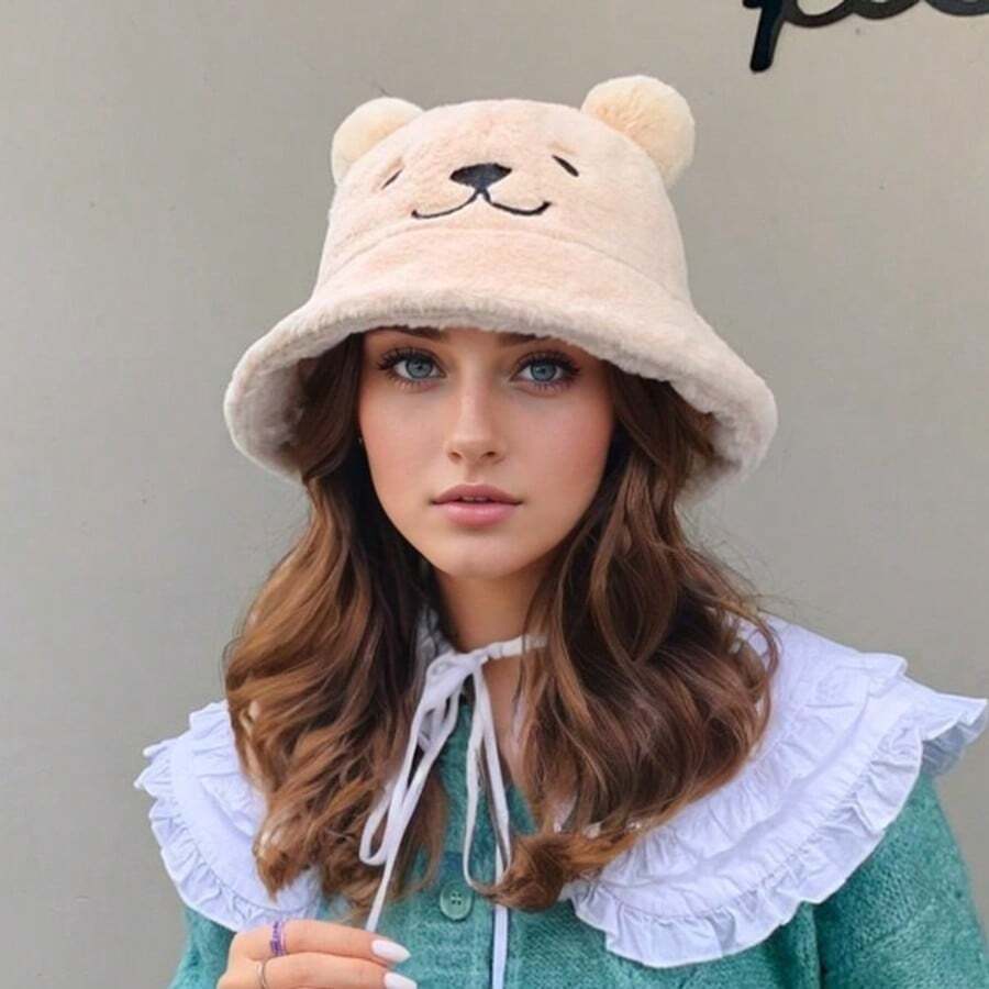 秋冬泰迪熊耳朵毛绒渔夫帽软妹甜美可爱学生百搭厚款保暖渔夫帽