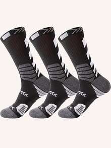 3 Pairs Men's Sports Basketball Socks, Reinforced Toe & Heel, Colorful Striped Design, Suitable For Sports And Daily Wear, Hand Washable, Moisture-Wicking Fabric, Breathable For Outdoor Running, Hiking, Fall - Black - View 5