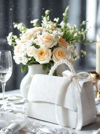 10 Elegant White Satin Wedding Gift Boxes With Pearl Handles - Country Bride Party Supplies, Birthday Party Handbag And Event Gift Wrapping Bags, Wedding Gifts