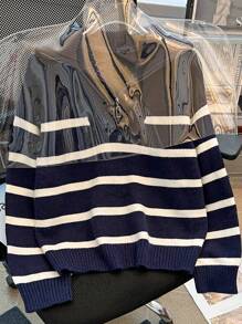 Autumn/Winter New Zipper Women Striped Knit Sweater, Fashion Minimalist Pullover, Versatile - Royal Blue - View 3