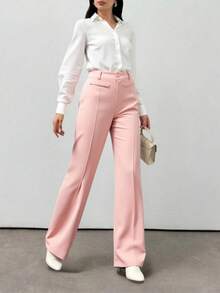 LIU ME Women's Tailored Trousers With Fake Pocket – High Waist And Wide Leg - Baby Pink - View 3