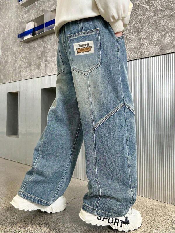 Pantalon en jean lavé à pattes larges, une-pièce et stylé pour garçon préadolescent, collection printemps / automne