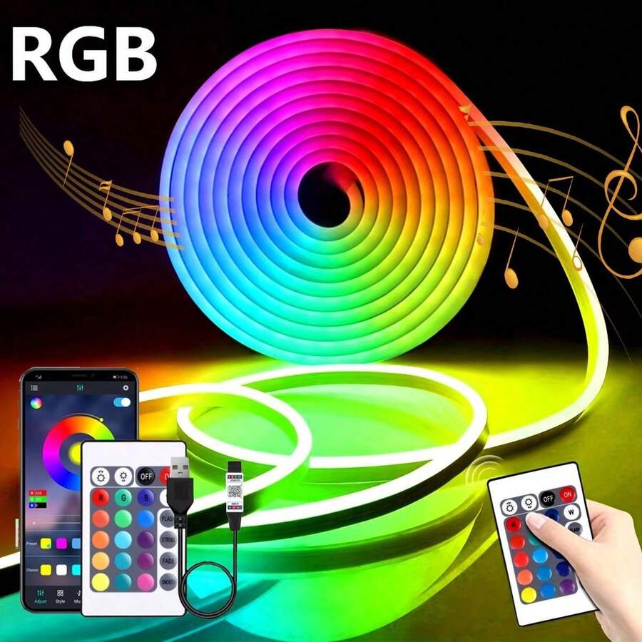 1 件 1M-5M/3.28FT-16.4FT RGB 变色 LED 霓虹灯带，带遥控器，灵活的 RGB LED 霓虹灯 - 音乐同步，多色变色灯适用于卧室装饰，USB 供电，霓虹灯照明，可调光，节日礼物，派对装饰，酒吧，酒店，婚礼装饰