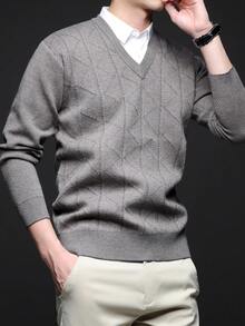 男士厚款V领提花毛衣，休闲商务通勤长袖套头衫，适合分层穿着或外套，秋冬 - 淺灰色 - 查看 3