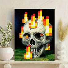 1 件活力像素骷髅火焰帆布墙艺术 - 无框 2D 平面海报，现代数字美学印刷品，适用于卧室、办公室、客厅或咖啡厅装饰，高品质室内墙画，办公室装饰 | 活力墙海报 | 高品质印刷 - 彩色 - 查看 1