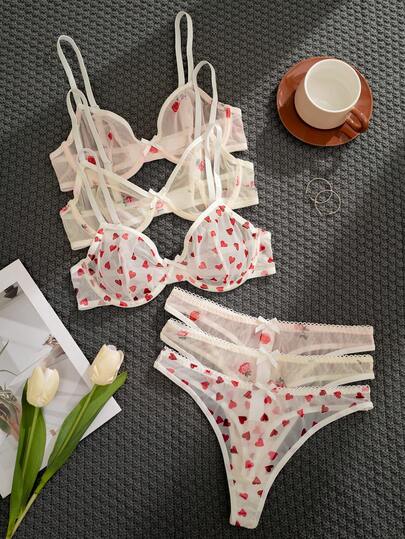 Set de 3 piezas de sujetador con aros, de unicolor, con estampado de corazón y flor, y decoración de lazo, cómodo para mujeres