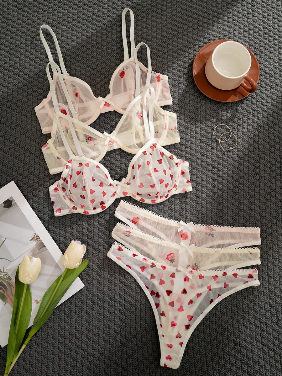 Set de 3 piezas de sujetador con aros, de unicolor, con estampado de corazón y flor, y decoración de lazo, cómodo para mujeres - Blanco - Ver 1