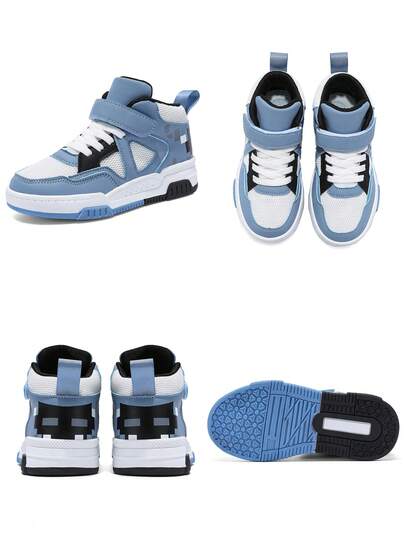 儿童高帮运动鞋一双，PU皮革和网布材质，适合室内/室外休闲跑步，易于穿脱，轻便防滑透气舒适，时尚混色设计，男女童通用厚底鞋