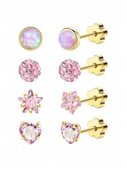 4 Pairs 18K Gold Titanium Steel Vacuum Electroplated Earrings Set With 5mm Colored Zirconia & Opal Stones, Suitable For Cartilage Piercing, Everyday & Holiday Wear For Girls & Women