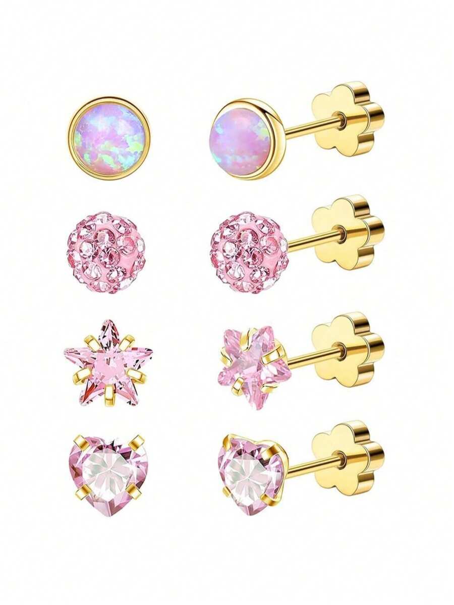 4 对 18K 金钛钢真空电镀耳环，镶嵌 5 毫米彩色锆石和蛋白石，适合女孩和女士的软骨穿孔、日常和节日佩戴 - 4對 - 查看 1