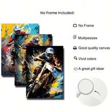 3 Juegos de Impresiones en Lienzo de Motocicleta Todo Terreno Dinámica - Arte de Pared Sin Marco Vibrante Adecuado para Dormitorios de Niños, Estilo Minimalista Moderno, Uso en Interiores, Orientación Vertical, Decoración de Motocicletas