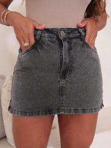 Shorts And Jeans Skirt With Small Side Slit - 黑色大理石紋 - 查看 2