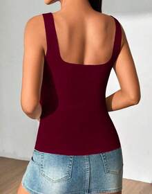 Women's Square Neckline Straight Suplex Tank Top - Burgundy - View 2