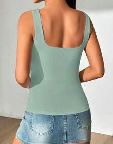 Women's Square Neckline Straight Suplex Tank Top - Verde Oliva - Ver 2