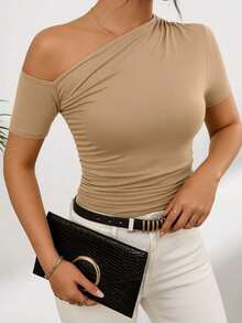 Supex Mesh T-Shirt Blouse With Asymmetrical Short Sleeves For Summer, Ideal For Casual, Comfortable And Elegant Use - 米色 - 查看 1