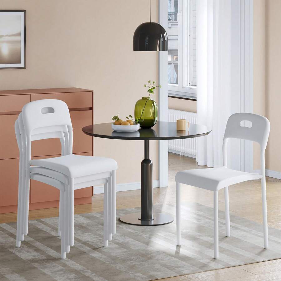 Juego de 4 sillas de comedor apilables modernas para cocina, de plástico con patas de metal, fáciles de montar, impermeables y resistentes a las manchas, para cocina, salón, restaurante, cafetería, interior y exterior. - Blanco - Ver 1