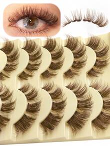 Rikuaild 5 Pairs Cartoon Style False Eyelashes, Brown, Anime Style, Natural Fluffy Soft Brown Lash Extension, Transparent Band Tail, Cat Eye Shape, Reusable, DIY Natural Lashes - Cat eye Lashes - View 7