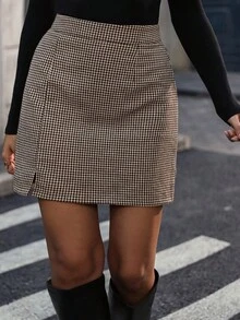 Plus Size Houndstooth A-Line Short Skirt With Zipper Detail Woven Fabric Non-Stretch Chic Mini Skirt