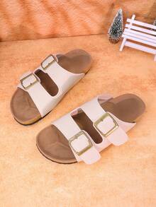 1 Pair Unisex Teenagers/Couples Metal Buckle Comfortable Flat Open Toe Sandals, Fashionable For Daily Wear - Beige - View 10