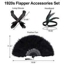 2/3 件套 1920 年代复古女郎配饰套装 - 羽毛扇、发带和手套，适合复古婚礼、舞蹈服装和配饰（黑色） - 彩色 - 查看 12
