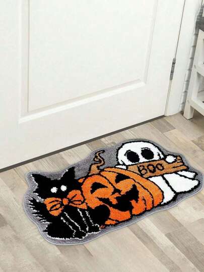 1 pieza Felpudo de entrada con forma asimétrica creativa de Halloween - Con diseño de gatos negros y fantasmas lindos, calabaza sonriente, buena absorción de agua, alfombra antideslizante en la parte posterior, adecuado para decoración interior/exterior, decoración del hogar y baño, alfombra de baño, felpudo, decoración de Halloween, alfombra de Halloween, decoración de otoño